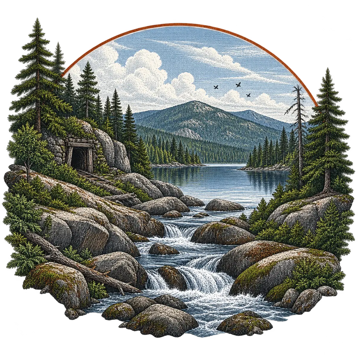 Engraved illustration of a rocky brook falling through boulders
                  from a timbered mine entrance down to a still lake, with spruce
                  forest and a low mountain ridge beyond.